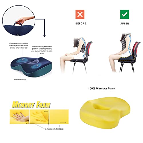 NOENO | Cojin coxis de Espuma de Memoria, Cojines para sillas de Oficina, Cojin Ortopédico, lumbar, Cojín viscoelastico para asiento, antihemorroides, Coche, Sillas Gaming, Silla de ruedas