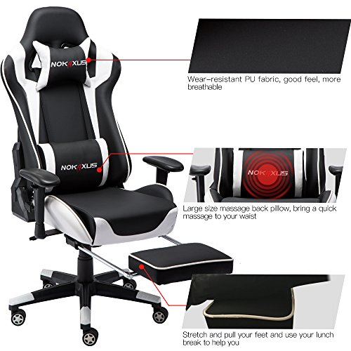 NOKAXUS - Silla de Oficina para Videojuegos tamaño Grande Respaldo Alto Asiento de Carreras con masajeador Soporte Lumbar y reposapiés retráctil Ajuste de 90-180 Grados del Respaldo (Yk-6008-white)