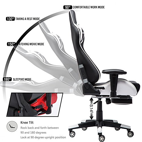 NOKAXUS - Silla de Oficina para Videojuegos tamaño Grande Respaldo Alto Asiento de Carreras con masajeador Soporte Lumbar y reposapiés retráctil Ajuste de 90-180 Grados del Respaldo (Yk-6008-white)