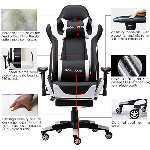 NOKAXUS - Silla de Oficina para Videojuegos tamaño Grande Respaldo Alto Asiento de Carreras con masajeador Soporte Lumbar y reposapiés retráctil Ajuste de 90-180 Grados del Respaldo (Yk-6008-white)