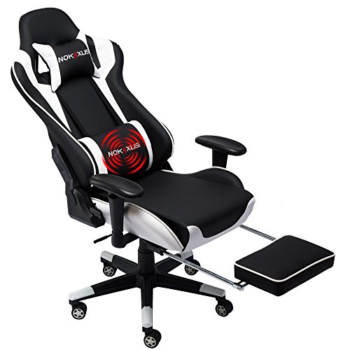 NOKAXUS - Silla de Oficina para Videojuegos tamaño Grande Respaldo Alto Asiento de Carreras con masajeador Soporte Lumbar y reposapiés retráctil Ajuste de 90-180 Grados del Respaldo (Yk-6008-white)