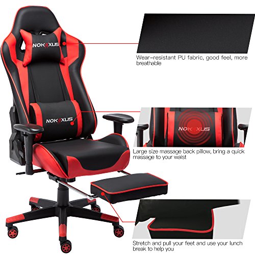 NOKAXUS - Silla de Oficina para Videojuegos tamaño Grande Respaldo Alto Asiento de Carreras con masajeador Soporte Lumbar y reposapiés retráctil Ajuste de 90-180 Grados del Respaldo (Yk-6008-red)