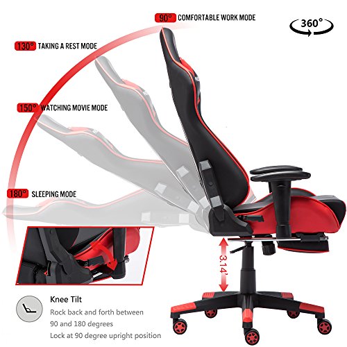 NOKAXUS - Silla de Oficina para Videojuegos tamaño Grande Respaldo Alto Asiento de Carreras con masajeador Soporte Lumbar y reposapiés retráctil Ajuste de 90-180 Grados del Respaldo (Yk-6008-red)