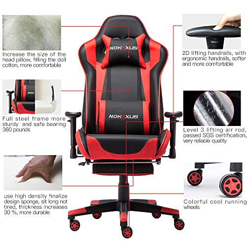 NOKAXUS - Silla de Oficina para Videojuegos tamaño Grande Respaldo Alto Asiento de Carreras con masajeador Soporte Lumbar y reposapiés retráctil Ajuste de 90-180 Grados del Respaldo (Yk-6008-red)