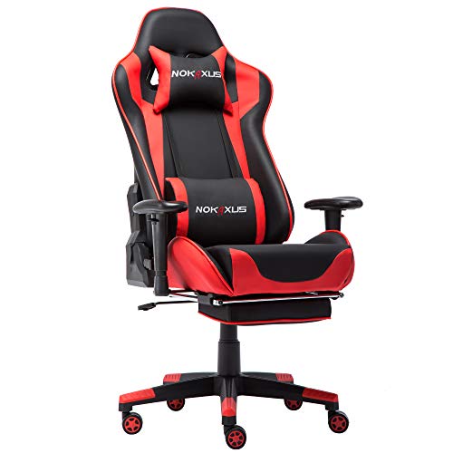 NOKAXUS - Silla de Oficina para Videojuegos tamaño Grande Respaldo Alto Asiento de Carreras con masajeador Soporte Lumbar y reposapiés retráctil Ajuste de 90-180 Grados del Respaldo (Yk-6008-red)