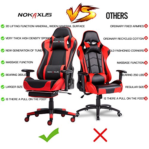 NOKAXUS - Silla de Oficina para Videojuegos tamaño Grande Respaldo Alto Asiento de Carreras con masajeador Soporte Lumbar y reposapiés retráctil Ajuste de 90-180 Grados del Respaldo (Yk-6008-red)