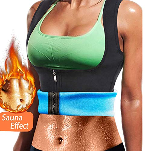 Nueva Chaleco Sauna Deportivo Mujer Fajas Reductoras Adelgazantes Abdominal Neopreno Camiseta Sudoración Compresión de Cremallera para Deporte Fitness (Azul, M)