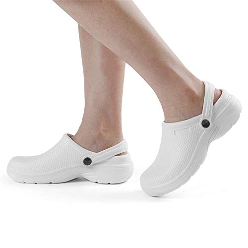 NUHEEL Zuecos para Mujer Zapatillas Ahuecadas Mocasines Nuse Enfermería Impermeable Mula Confort Sandalias Cuña Resbalón Playa Verano Antideslizante Caminar Zapatos Planos Informales Blanco 39 EU