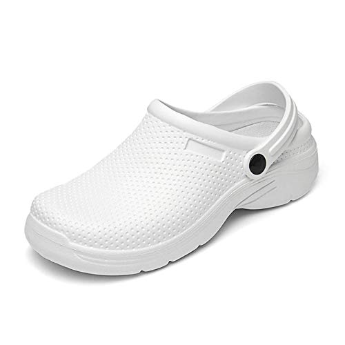 NUHEEL Zuecos para Mujer Zapatillas Ahuecadas Mocasines Nuse Enfermería Impermeable Mula Confort Sandalias Cuña Resbalón Playa Verano Antideslizante Caminar Zapatos Planos Informales Blanco 39 EU