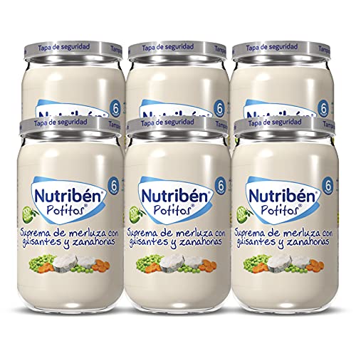 Nutribén Potitos Suprema De Merluza Con Guisantes Y Zanahorias Desde Los 6 Meses, Pack De 6 X 235gr