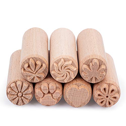 OLYCRAFT 7PCS Madera Herramientas de Cerámica Sellos Columna Sellos de Madera Sellos de Madera Natural con Patrones Mixtos para Arcilla Regalo de Cumpleaños de Navidad, 50 x 20 mm (2