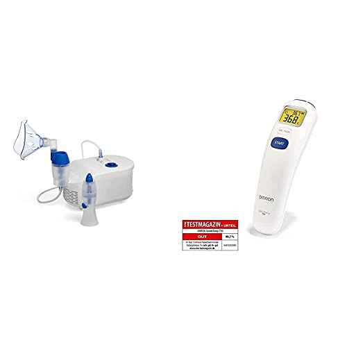 Omron Nebulizador C102 con lavado nasal 2 en 1, dispositivo de uso doméstico para el tratamiento de enfermedades respiratorias + Termómetro digital sin contacto