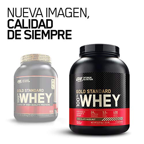 Optimum Nutrition Gold Standard 100% Whey Proteína en Polvo, Glutamina y Aminoácidos Naturales, BCAA, Chocolate y Avellana, 71 Porciones, 2.27kg, (Embalaje Puede Variar)