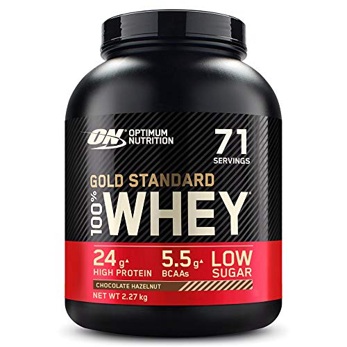 Optimum Nutrition Gold Standard 100% Whey Proteína en Polvo, Glutamina y Aminoácidos Naturales, BCAA, Chocolate y Avellana, 71 Porciones, 2.27kg, (Embalaje Puede Variar)