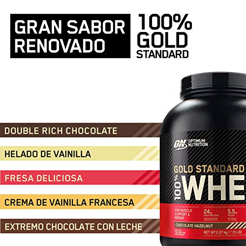 Optimum Nutrition Gold Standard 100% Whey Proteína en Polvo, Glutamina y Aminoácidos Naturales, BCAA, Chocolate y Avellana, 71 Porciones, 2.27kg, (Embalaje Puede Variar)