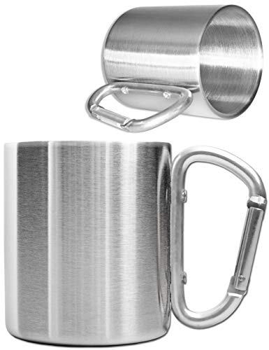 Outdoor Saxx® - Taza de camping, taza de exterior, taza de metal, con asa de mosquetón atornillada, acero inoxidable, senderismo, trekking, trabajo, 250 ml, plata (plata).