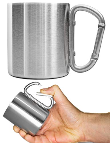 Outdoor Saxx® - Taza de camping, taza de exterior, taza de metal, con asa de mosquetón atornillada, acero inoxidable, senderismo, trekking, trabajo, 250 ml, plata (plata).