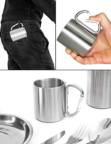 Outdoor Saxx® - Taza de camping, taza de exterior, taza de metal, con asa de mosquetón atornillada, acero inoxidable, senderismo, trekking, trabajo, 250 ml, plata (plata).