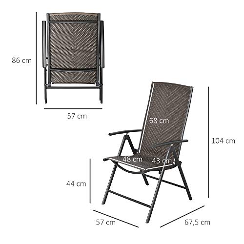 Outsunny Set de 2 Sillas Plegables de Ratán Jardín con Respaldo Alto y Ajustable de 7 Posiciones para Patio Terraza Exteriores 57x67,5x104 cm Gris