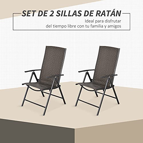 Outsunny Set de 2 Sillas Plegables de Ratán Jardín con Respaldo Alto y Ajustable de 7 Posiciones para Patio Terraza Exteriores 57x67,5x104 cm Gris