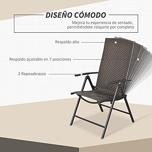 Outsunny Set de 2 Sillas Plegables de Ratán Jardín con Respaldo Alto y Ajustable de 7 Posiciones para Patio Terraza Exteriores 57x67,5x104 cm Gris