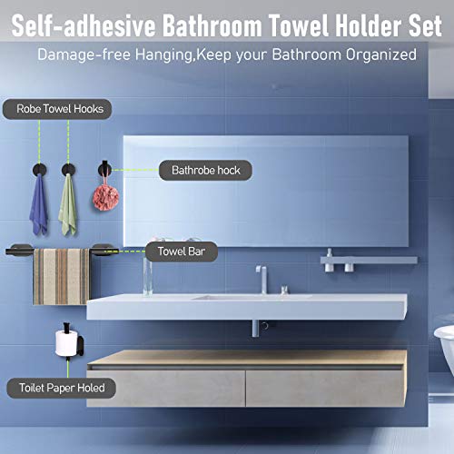 O'woda 5 Piezas Juego de Accesorios de Baño, Toallero Baño 40 cm + Portarrollos para Papel + Toallero Barra + 2 Gancho Adhesivo, 304 Acero Inoxidable, Sin Taladro (Negro)