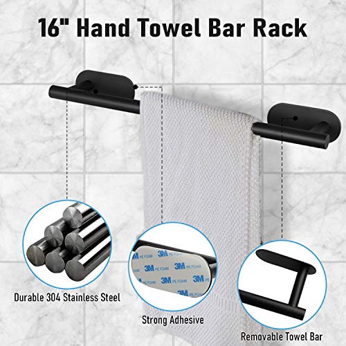 O'woda 5 Piezas Juego de Accesorios de Baño, Toallero Baño 40 cm + Portarrollos para Papel + Toallero Barra + 2 Gancho Adhesivo, 304 Acero Inoxidable, Sin Taladro (Negro)