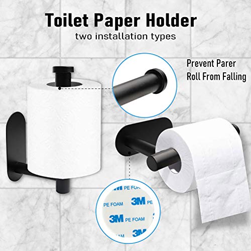 O'woda 5 Piezas Juego de Accesorios de Baño, Toallero Baño 40 cm + Portarrollos para Papel + Toallero Barra + 2 Gancho Adhesivo, 304 Acero Inoxidable, Sin Taladro (Negro)