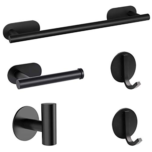 O'woda 5 Piezas Juego de Accesorios de Baño, Toallero Baño 40 cm + Portarrollos para Papel + Toallero Barra + 2 Gancho Adhesivo, 304 Acero Inoxidable, Sin Taladro (Negro)