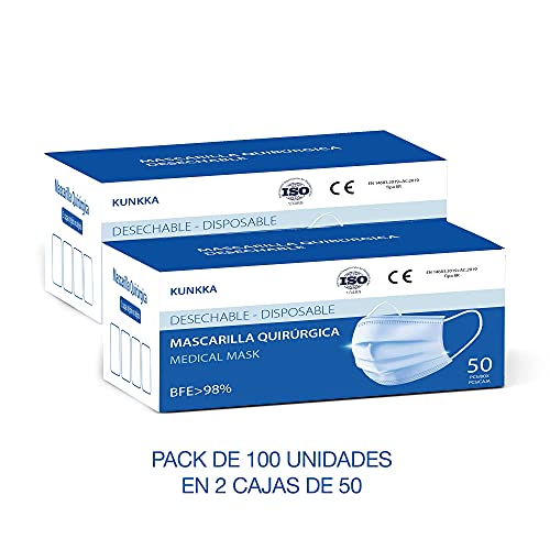 PACK 100 Mascarillas Quirurgicas Homologadas Desechables Tipo IIR con 3 Capas de Tejido no Tejido BFE ≥ 98% Directiva 93/42/CEE Clase 1. Mascarilla quirurgicas certificada/homologada (Azul)