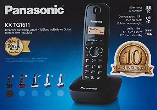 Panasonic KX-TG1611SPH - Teléfono Fijo Inalámbrico DECT, LCD, Identificador de Llamadas, Agenda de 50 Números, Tecla de Navegación, Alarma, Reloj, color Negro