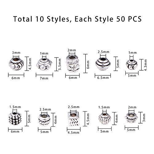 PandaHall 500 Pcs Espaciadores de Cuentas de Aleación de Estilo Tibetano, Diseño de Joyería, Plsera Collar Pendientes, 10 Forma Mixta, Plata Antigua