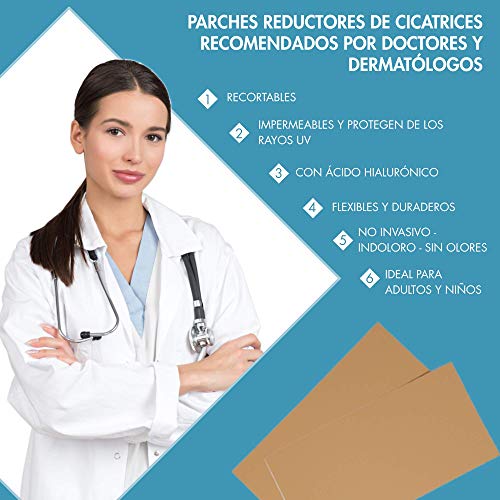 Parches Reductores de Cicatrices con Ácido Hialurónico [4 Apósitos Grandes y Recortables 20x10 cm] Tratamiento para cicatrices y queloides. Cesárea, niños, cirugías estéticas, aumento de pecho