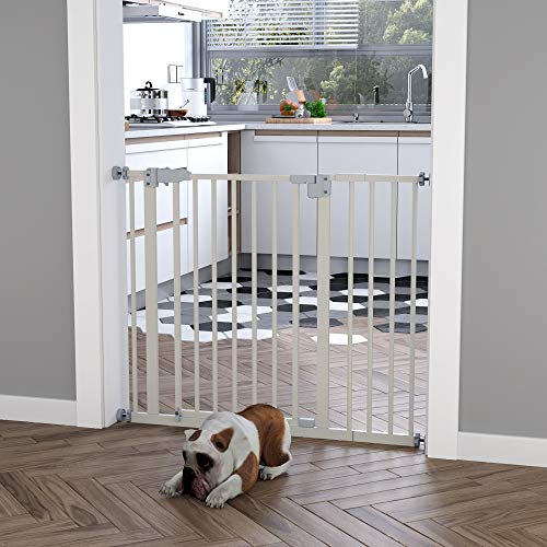 Pawhut Barrera de Seguridad Metálica para Puertas y Escaleras Mascotas Perros con Extensiones de 17,5 cm Sistema de Cierre Automático 74,5-102,5x76,2 cm Blanco