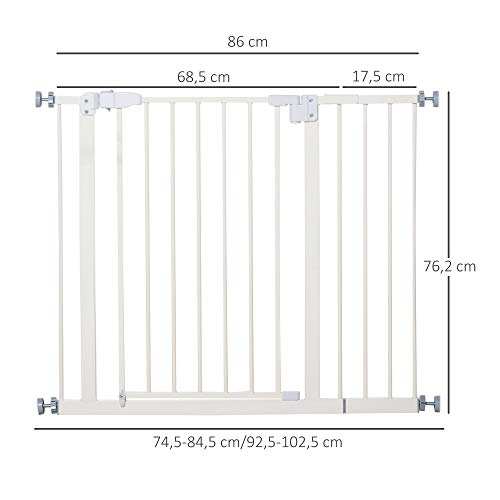 Pawhut Barrera de Seguridad Metálica para Puertas y Escaleras Mascotas Perros con Extensiones de 17,5 cm Sistema de Cierre Automático 74,5-102,5x76,2 cm Blanco