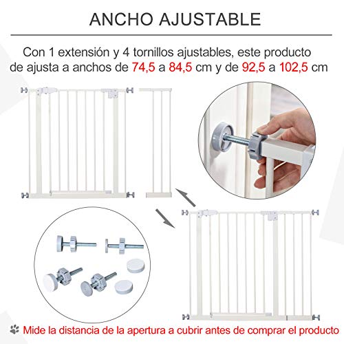 Pawhut Barrera de Seguridad Metálica para Puertas y Escaleras Mascotas Perros con Extensiones de 17,5 cm Sistema de Cierre Automático 74,5-102,5x76,2 cm Blanco