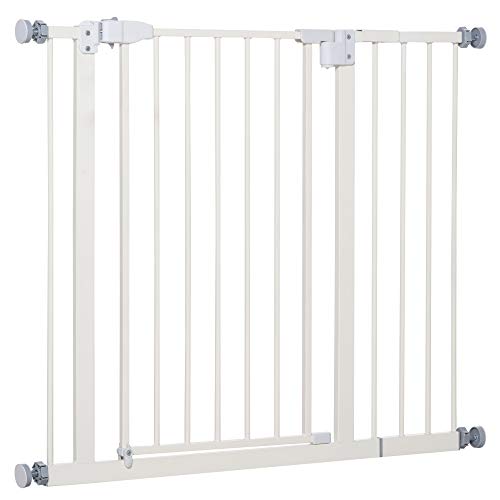 Pawhut Barrera de Seguridad Metálica para Puertas y Escaleras Mascotas Perros con Extensiones de 17,5 cm Sistema de Cierre Automático 74,5-102,5x76,2 cm Blanco