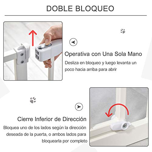 Pawhut Barrera de Seguridad Metálica para Puertas y Escaleras Mascotas Perros con Extensiones de 17,5 cm Sistema de Cierre Automático 74,5-102,5x76,2 cm Blanco