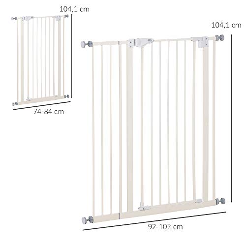 Pawhut Barrera de Seguridad para Puertas y Escaleras Barrera para Perros Mascotas con Cierre Automático Extensión 17,5 cm Montaje sin Agujeros Metal 92-102x104,1 cm Blanco