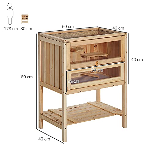 Pawhut Jaula de Madera para Hámster Ratones Casa de Juegos con 5 Plataformas Rampa Techo Abatible Ventana Cristal Plástico y Estante Inferior 60x40x80 cm Natural