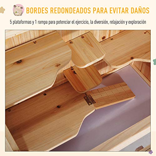 Pawhut Jaula de Madera para Hámster Ratones Casa de Juegos con 5 Plataformas Rampa Techo Abatible Ventana Cristal Plástico y Estante Inferior 60x40x80 cm Natural