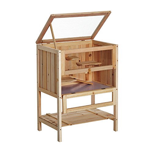 Pawhut Jaula de Madera para Hámster Ratones Casa de Juegos con 5 Plataformas Rampa Techo Abatible Ventana Cristal Plástico y Estante Inferior 60x40x80 cm Natural