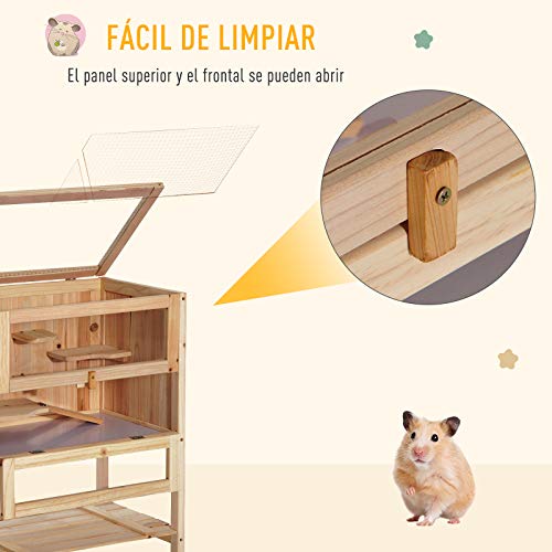 Pawhut Jaula de Madera para Hámster Ratones Casa de Juegos con 5 Plataformas Rampa Techo Abatible Ventana Cristal Plástico y Estante Inferior 60x40x80 cm Natural