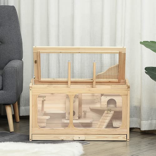 Pawhut Jaula de Madera para Hámster Ratones Casa de Roedores con 2 Escondites Techo Abatible Bandeja Extraíble Múltiples Plataformas Rampa y Columpios 78x40x44 cm Natural