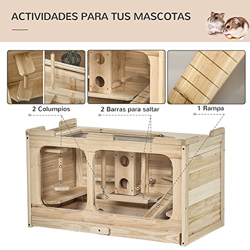 Pawhut Jaula de Madera para Hámster Ratones Casa de Roedores con 2 Escondites Techo Abatible Bandeja Extraíble Múltiples Plataformas Rampa y Columpios 78x40x44 cm Natural