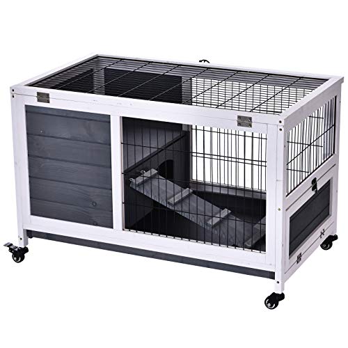 Pawhut Jaula para Conejos de Madera 90x53x59 cm Conejera para Mascotas Pequeñas Portátil Interior con Techo Abrible Rampa Bandeja Extraíble para Conejillos de Indias Gris y Blanco