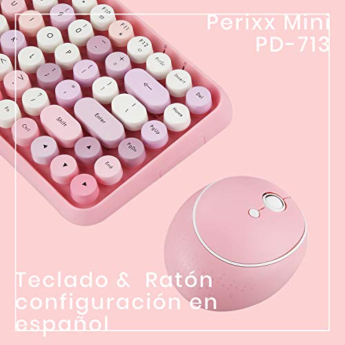 Perixx PERIDUO-713 Set de ratón y Mini Teclado inalámbrico 2.4 GHz, Teclas Retro Redondas, Rosado Pastel, Español QWERTY