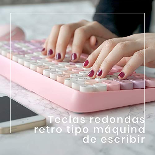 Perixx PERIDUO-713 Set de ratón y Mini Teclado inalámbrico 2.4 GHz, Teclas Retro Redondas, Rosado Pastel, Español QWERTY