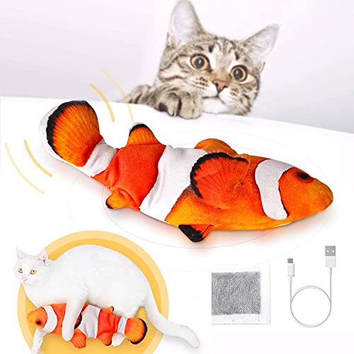 Peteast Juguetes para Gatos, Juguetes de Hierba gatera de Peces con Movimiento eléctrico realistas, Juguetes interactivos de Felpa para Gatos, Juguete para patear Peces para Gatos Kitten (Clownfish)