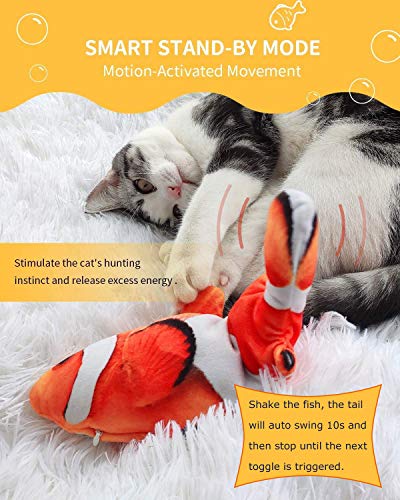 Peteast Juguetes para Gatos, Juguetes de Hierba gatera de Peces con Movimiento eléctrico realistas, Juguetes interactivos de Felpa para Gatos, Juguete para patear Peces para Gatos Kitten (Clownfish)